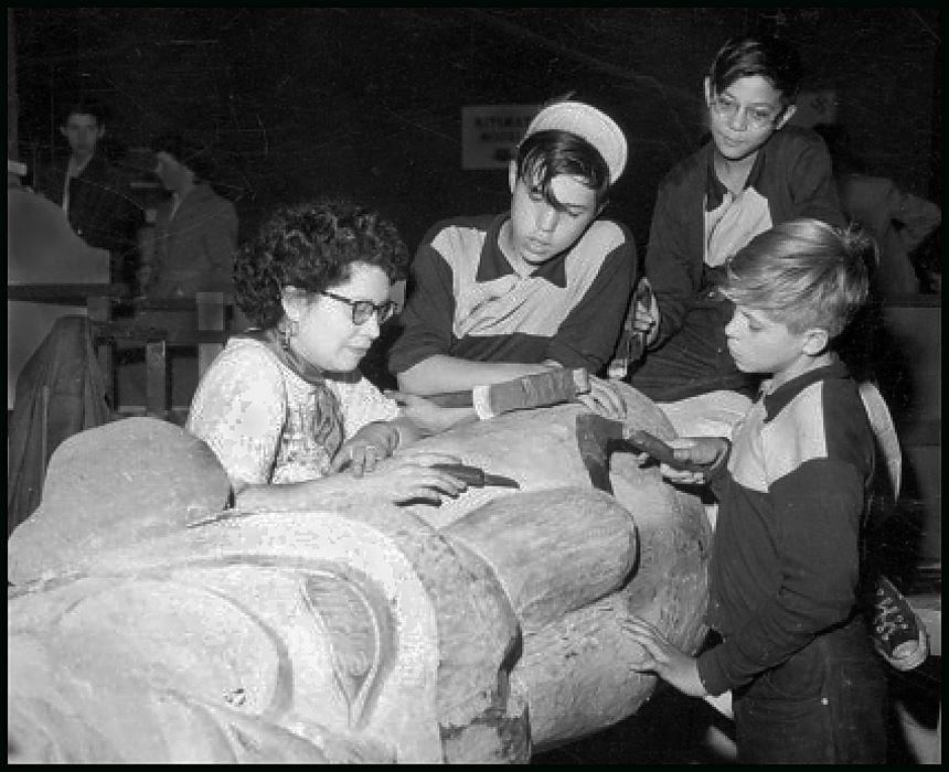 Ellen Neel, Kwakiutl Artist. Ellen Neel, Dave Neel Senior, Ted, and Bob carving Totem Pole